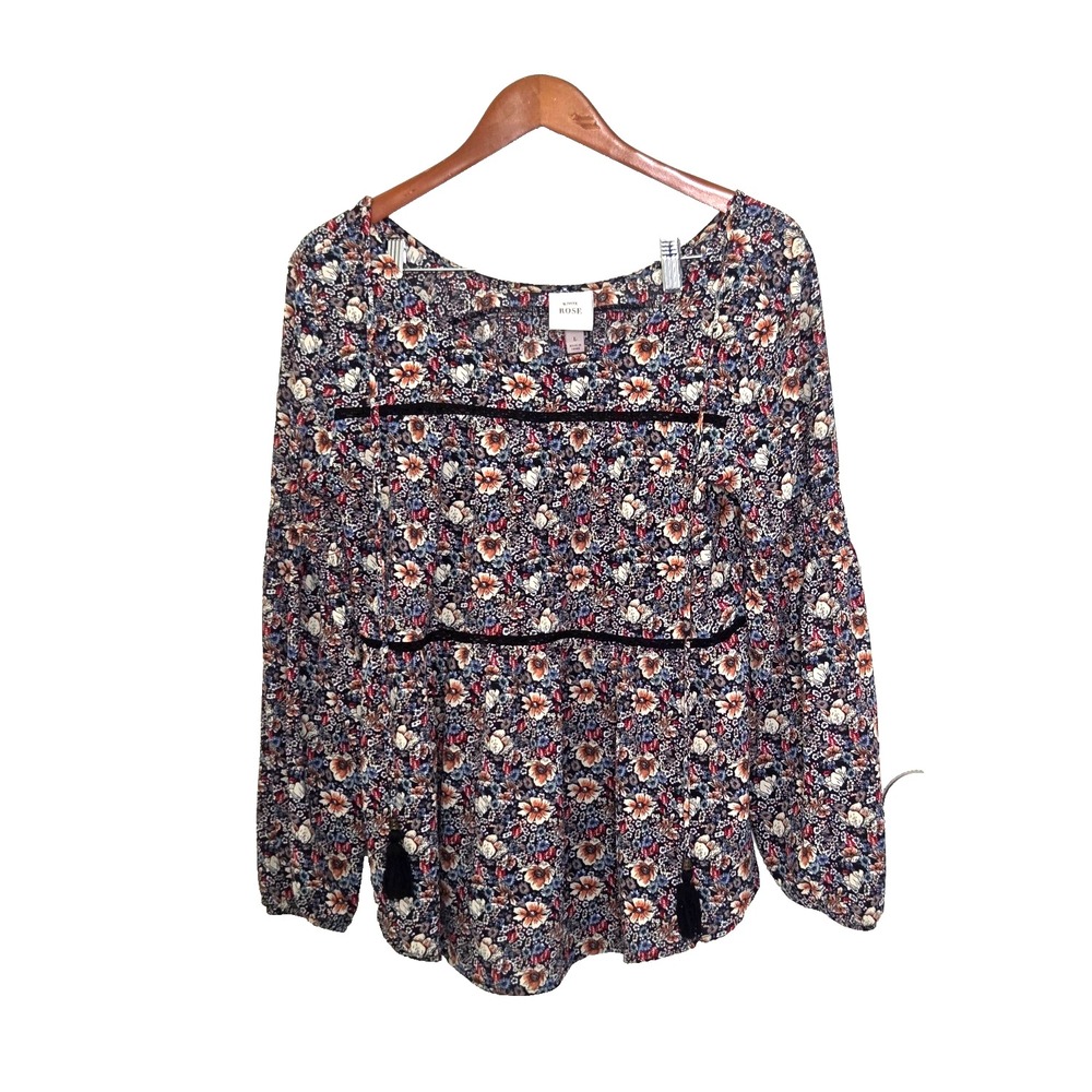 Knox Rose Black Floral Babydoll Blouse Crochet Lace Tassel Boho Peasant Top  L